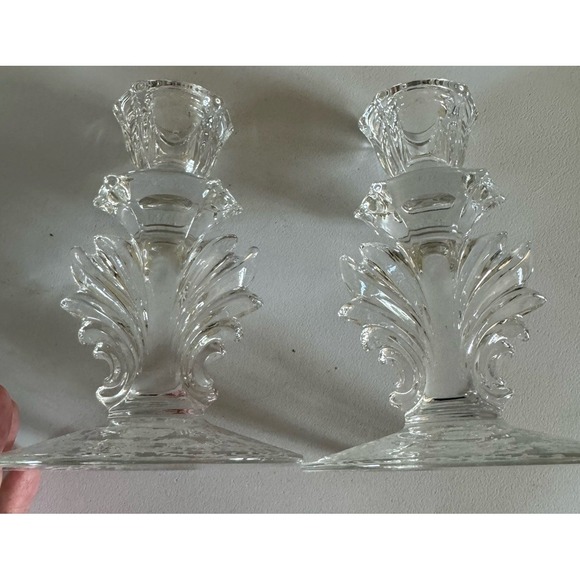 Pair Vintage Fostoria Navarre Etched Crystal Candlesticks Baroque Candle Holders